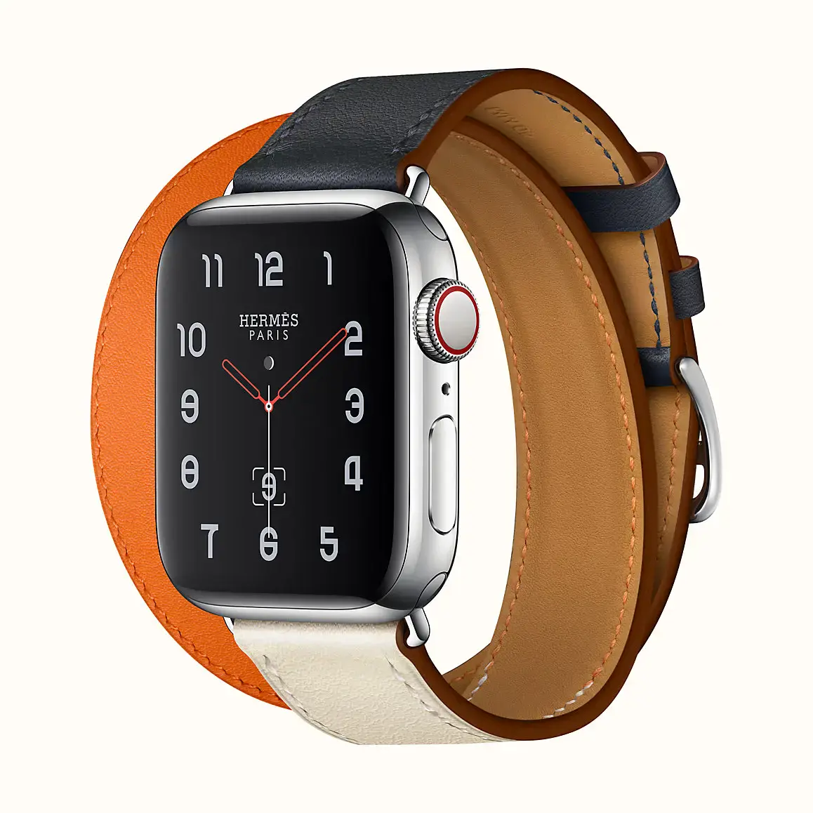 Apple Watch Series 4 Hermès (GPS + Cellular) 40mm Stainless Steel Case with Indigo / Craie / Orange Swift Leather Double Tour (H077064CJAC)