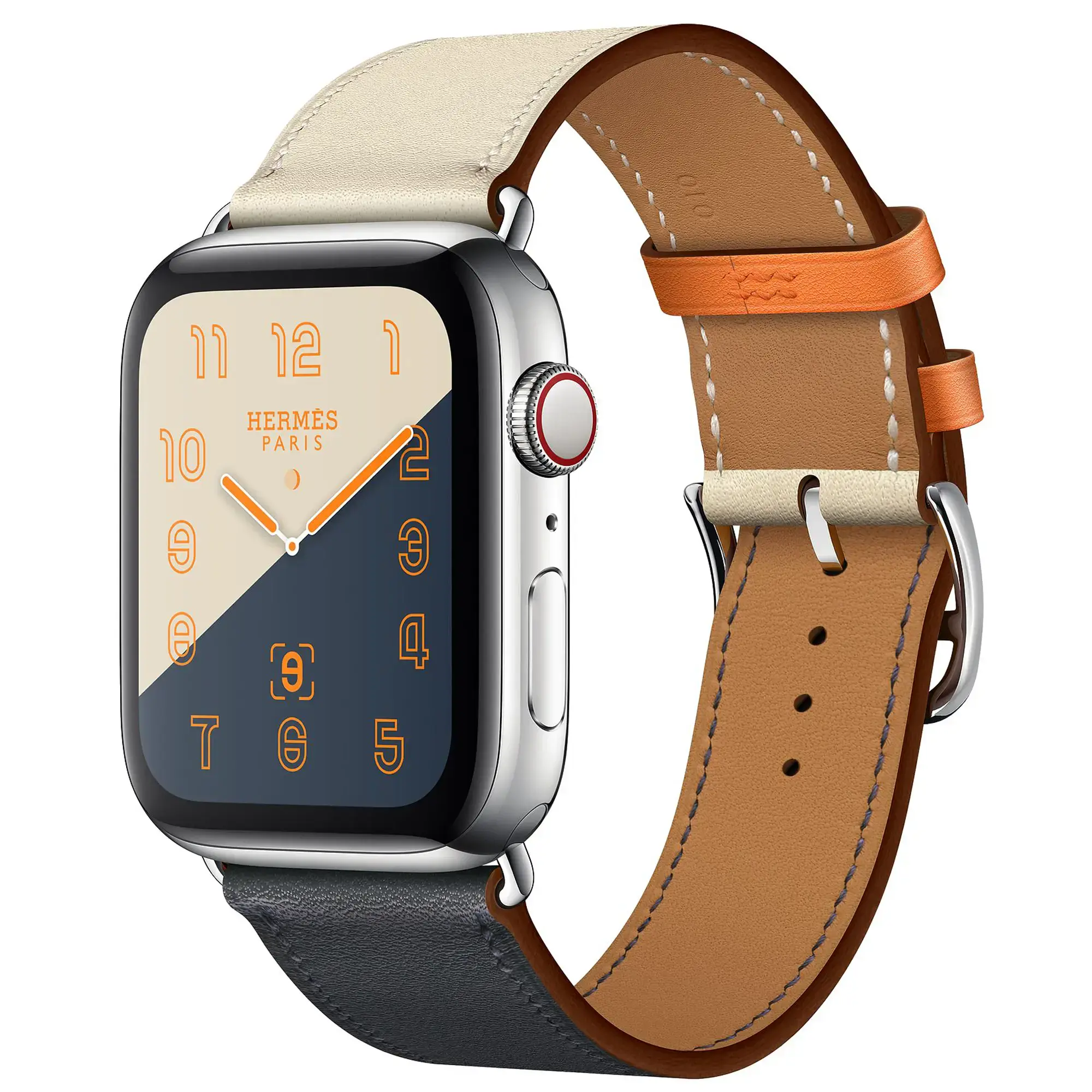 Apple Watch Series 4 Hermès (GPS + Cellular) 44mm Stainless Steel Case with Indigo / Craie / Orange Swift Leather Single Tour (MU6X2, MU782)