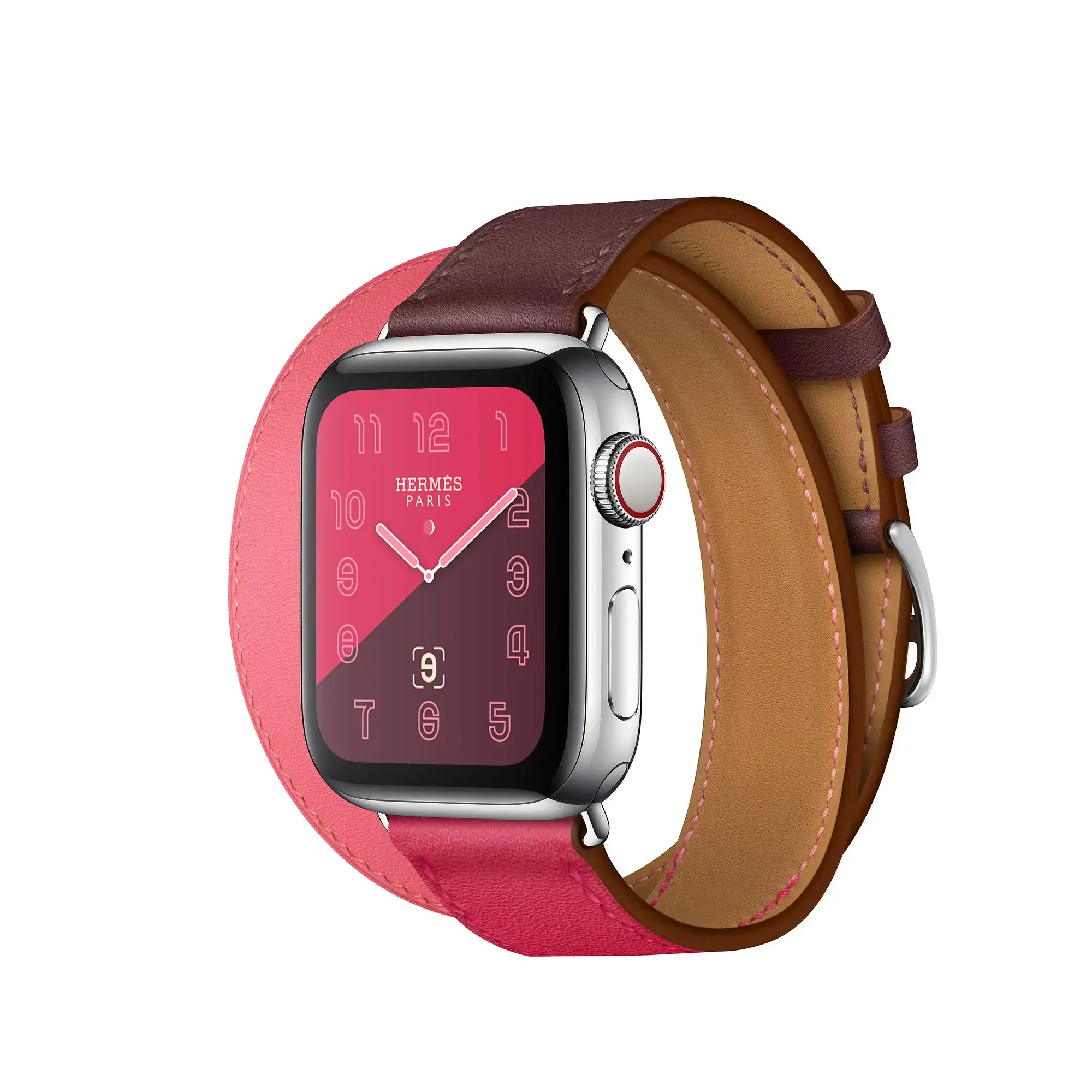 Apple Watch Series 4 Hermès (GPS + Cellular) 40mm Stainless Steel Case with Bordeaux/Rose Extrême/Rose Azalée Swift Leather Double Tour (MU6R2, MU732)