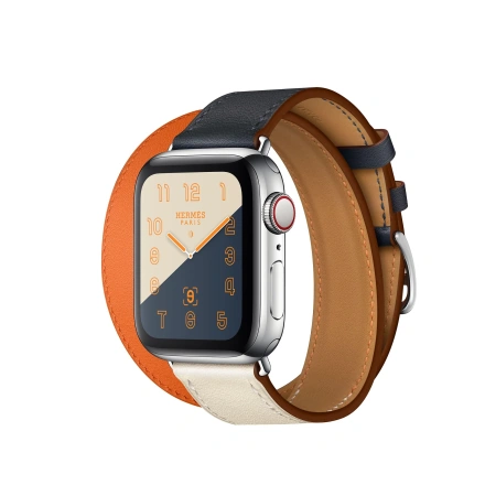 Apple Watch Series 4 Hermès (GPS + Cellular) 40mm Stainless Steel Case with Indigo / Craie / Orange Swift Leather Double Tour (MU7K2, MU7L2)