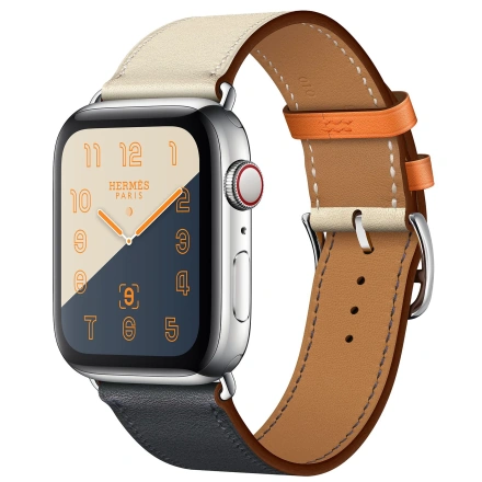 Apple Watch Series 4 Hermès (GPS + Cellular) 44mm Stainless Steel Case with Indigo / Craie / Orange Swift Leather Single Tour (MU6X2, MU782)