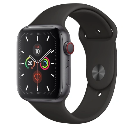 Apple Watch Series 5 GPS + Cellular 44mm Space Gray Aluminum Case with Black Sport Band (MWW12, MWWE2)