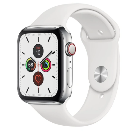 Apple Watch Series 5 GPS + Cellular 44mm Stainless Steel Case with White Sport Band (MWW22, MWWF2)