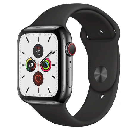 Apple Watch Series 5 GPS + Cellular 44mm Space Black Stainless Steel Case with Black Sport Band (MWW72, MWWK2)