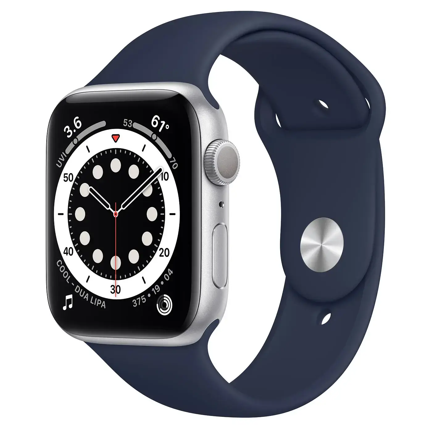 Apple Watch Series 6 GPS 44mm Silver Aluminum Case (M02D3) with Deep Navy Sport Band (MYAX2)