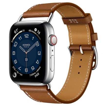 Apple Watch Hermes Series 6 GPS + Cellular 44mm Silver Stainless Steel with Fauve Barénia Leather Attelage Single Tour (MG3G3 + H078800CJ34)