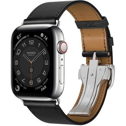 Apple Watch Hermes Series 6 GPS + Cellular 44mm Silver Stainless Steel Case with Noir Swift Leather Single Tour Deployment Buckle (MG3G3 + H078782CJ89)