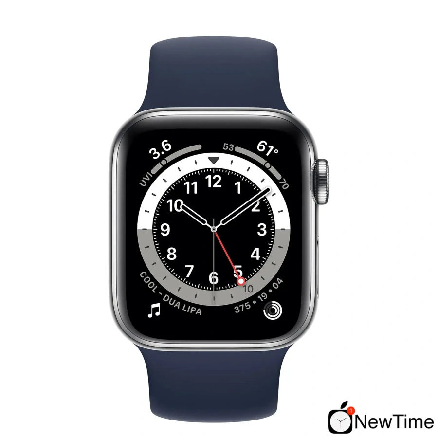 Apple Watch Series 6 GPS + Cellular 40mm Silver Stainless Steel Case (M0DV3) with Deep Navy Solo Loop - Size 7 (MYPQ2)