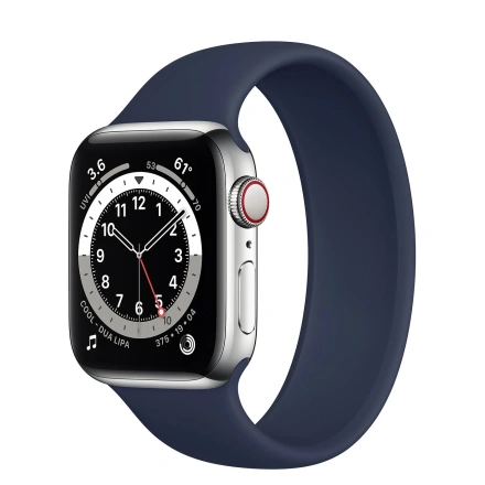 Apple Watch Series 6 GPS + Cellular 40mm Silver Stainless Steel Case (M0DV3) with Deep Navy Solo Loop - Size 7 (MYPQ2)