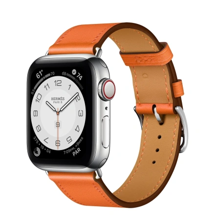 Apple Watch Hermes Series 6 GPS + Cellular 40mm Silver Stainless Steel Case with Orange Swift Leather Single Tour (MG3K3 + H077051CJ93)