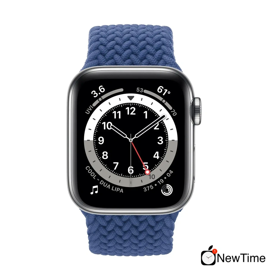 Apple Watch Series 6 GPS + Cellular 40mm Silver Stainless Steel Case (M0DV3) with Atlantic Blue Braided Solo Loop - Size 5 (MY702)
