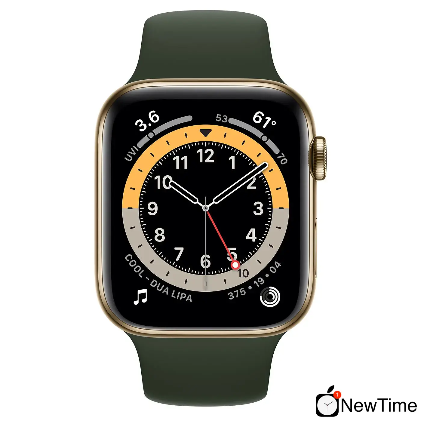 Apple Watch Series 6 GPS + Cellular 44mm Gold Stainless Steel Case with Cyprus Green Sport Band (M07N3, M09F3)