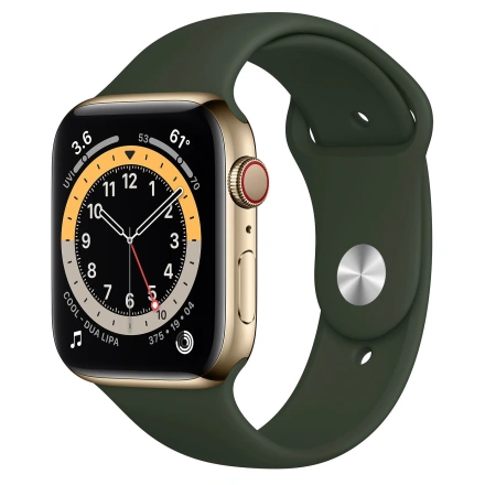 Apple Watch Series 6 GPS + Cellular 44mm Gold Stainless Steel Case with Cyprus Green Sport Band (M07N3, M09F3)