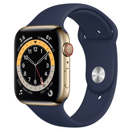 Apple Watch Series 6 GPS + Cellular 44mm Gold Stainless Steel Case with Deep Navy Sport Band (MJXL3, MYAX2)