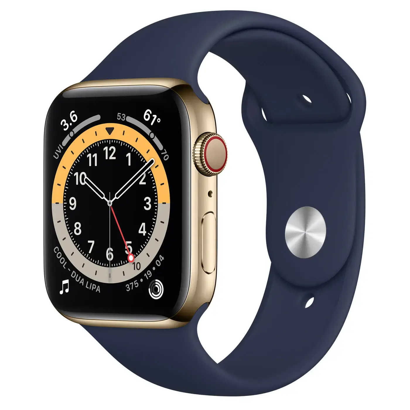 Apple Watch Series 6 GPS + Cellular 44mm Gold Stainless Steel Case with Deep Navy Sport Band (MJXL3)