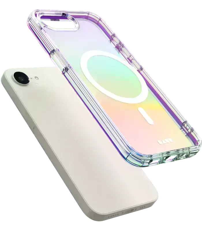 Голографический чехол LAUT HOLO для iPhone 16e, создающий радужный эффект при изменении освещения