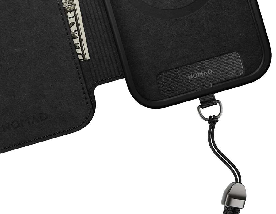 Nomad Modern Leather Folio Case – дизайн с магнитами для MagSafe и креплением ремешка