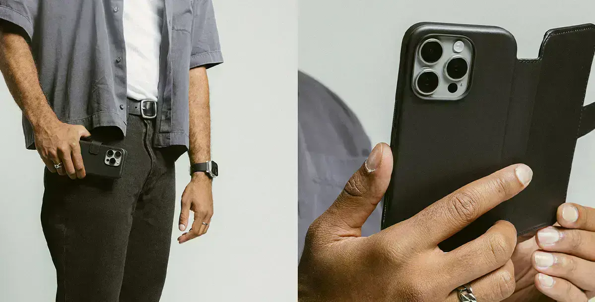Общий вид чехла Nomad Modern Horween Leather Case Folio на iPhone