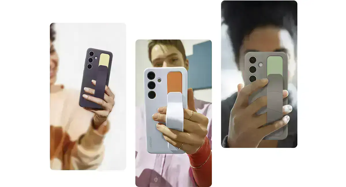 Дівчина робить селфі на самсунг с24 з чохлом Standing Grip Case тримаючи за допомогою спеціального тримача-підставки
