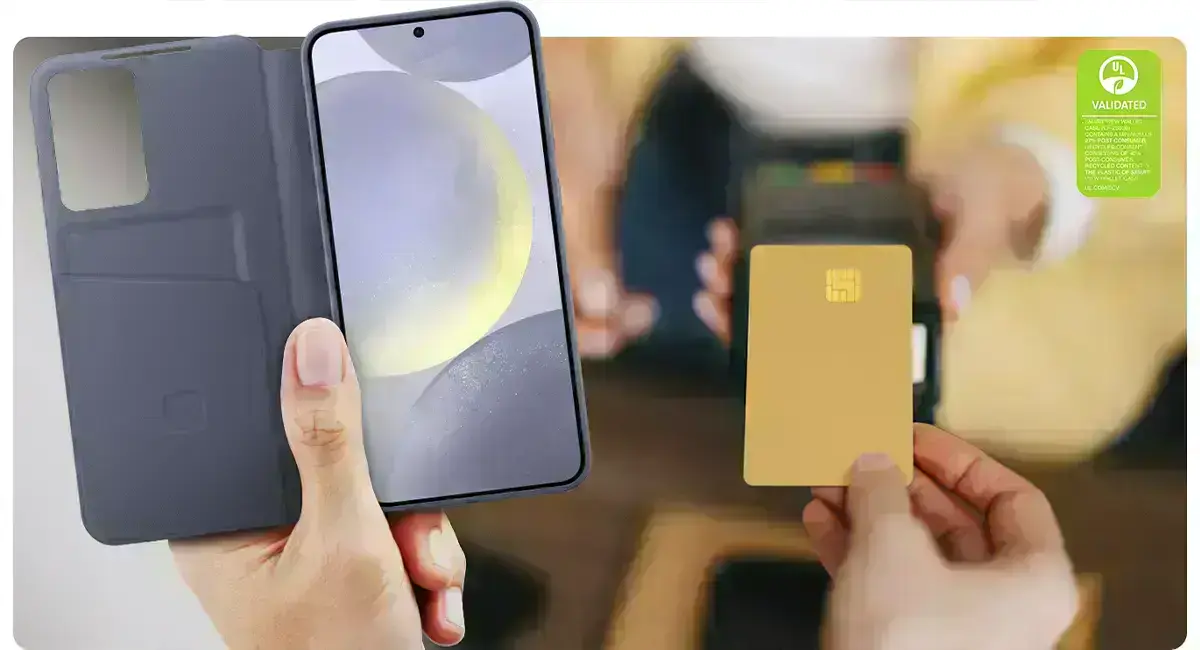 Телефон самсунг с24 плюс в чохлі Samsung Smart View Wallet Case з відкритою верхньою кришкою в інші руці кредитна картка чохол має спеціальний карманчик для зберігання карточ, візиток та готівки