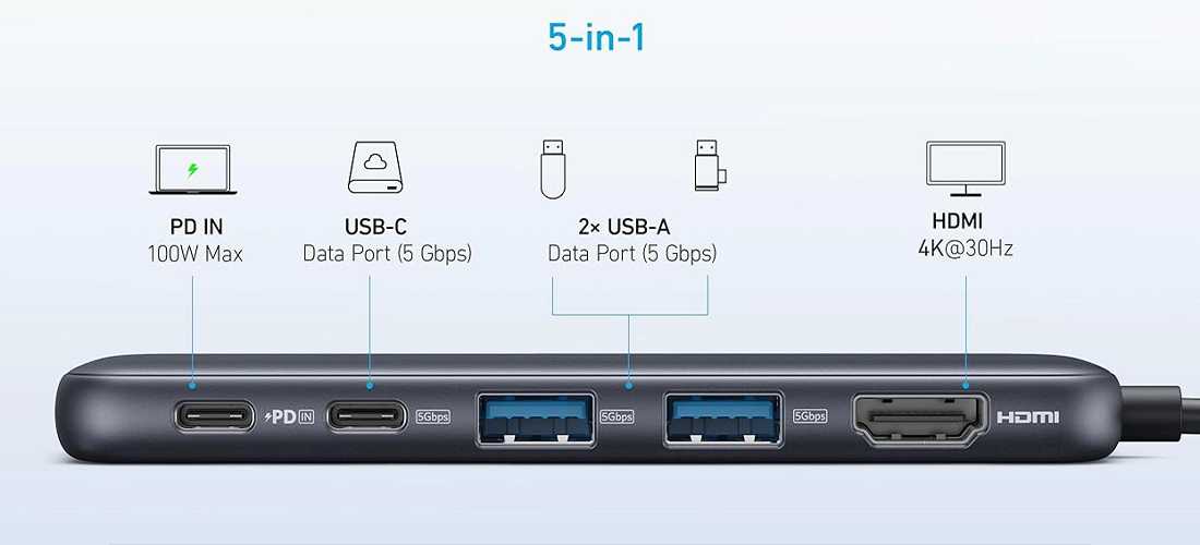 Anker 332 USB-C Hub 5-in-1 с портами подключения — HDMI, USB-A, USB-C и PD-IN