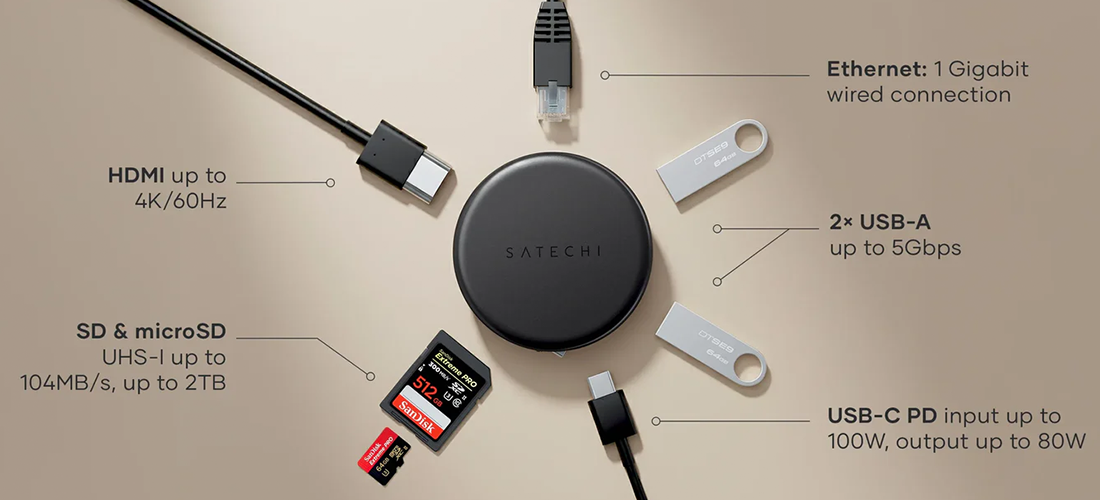 Багатопортовий адаптер Satechi OntheGo 7-in-1 USB-C Multiport Adapter - Space Black (ST-POTG7C)