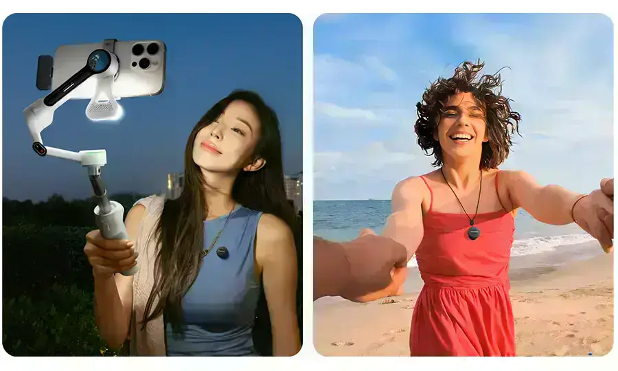 Разные варианты ношения микрофона Insta360 Mic Air: магнит, клипса, кулон
