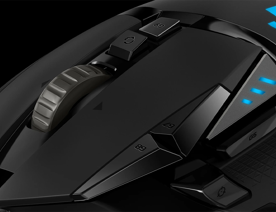 Мишка Logitech G502 HERO із виділеними зонами DPI-перемикача та індикаторами