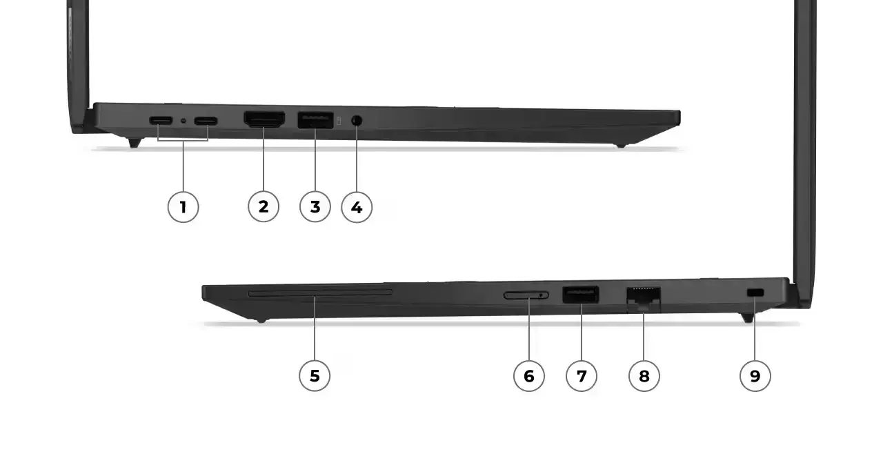 Порты и слоты на ноутбуке Lenovo ThinkPad T14 Gen 5: USB-C, HDMI, USB-A