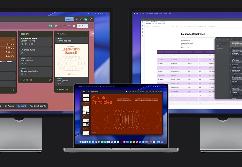 MacBook Pro M5, подключённый к нескольким внешним дисплеям Studio Display