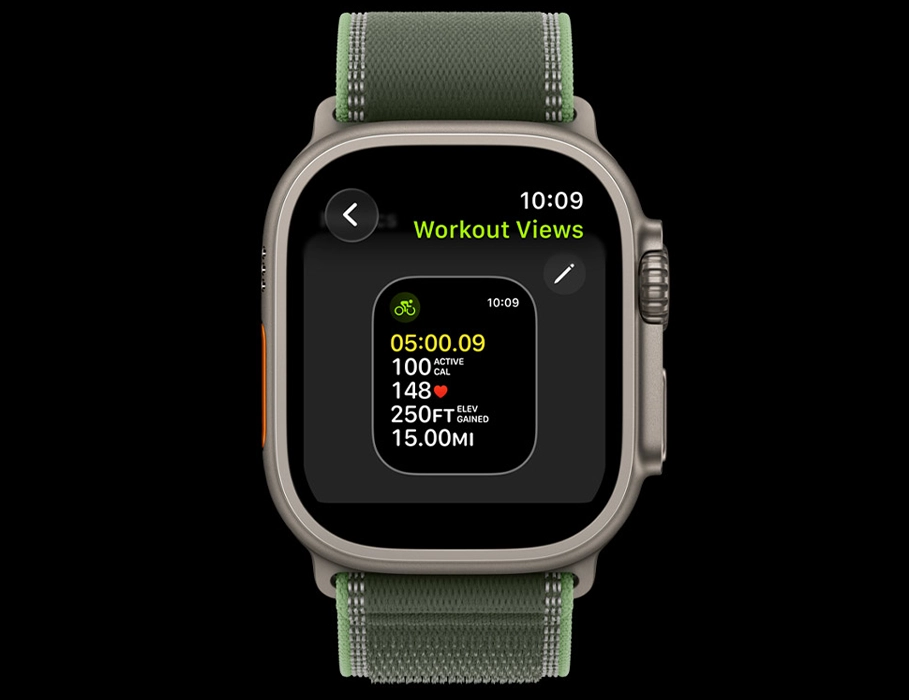 Экран Apple Watch Ultra 3 с персонализированными подсказками Workout Buddy во время тренировки