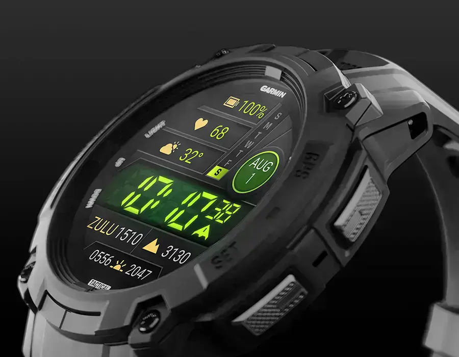 Garmin Instinct 3 Tactical Edition - часы с металлической рамкой, крупный план