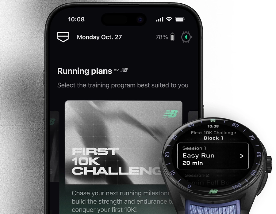 TAG Heuer Connected Calibre E5 New Balance Edition крупный план дисплея с планами бега