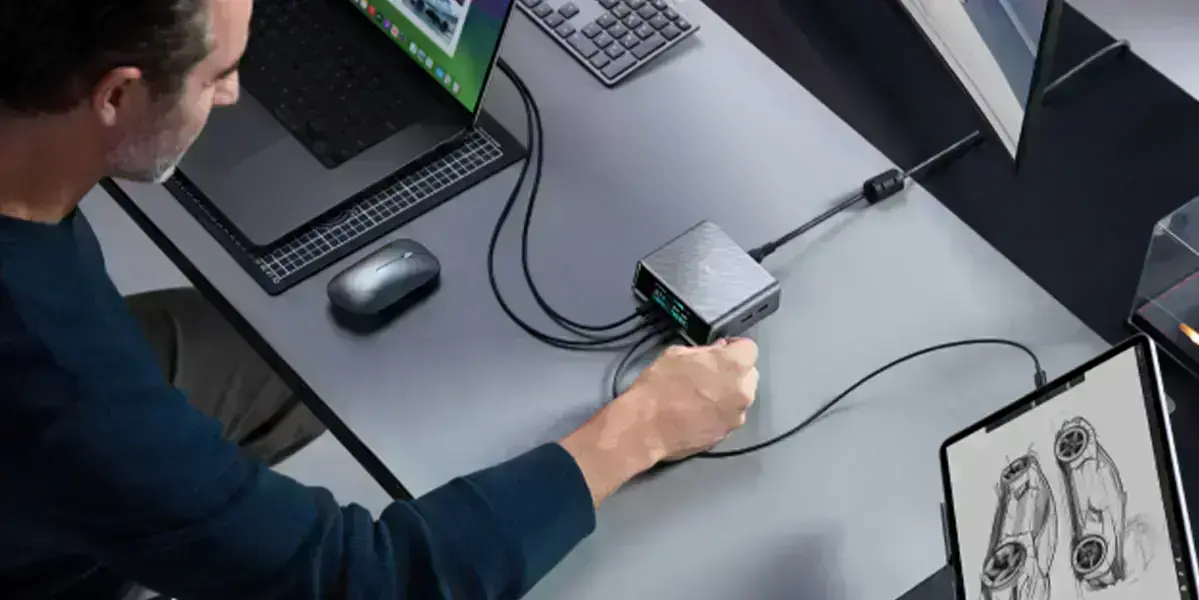 чоловік заряджає свої пристрої зарядним пристроєм anker prime charger