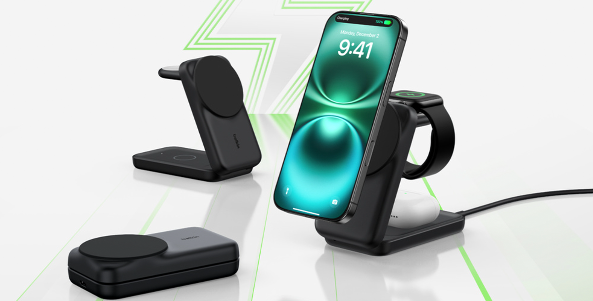 Беспроводное зарядное устройство Belkin UltraCharge 3-in-1 Foldable Magnetic Charger with Qi2 25W [Square Form] - Black (WIZ036kqBK)