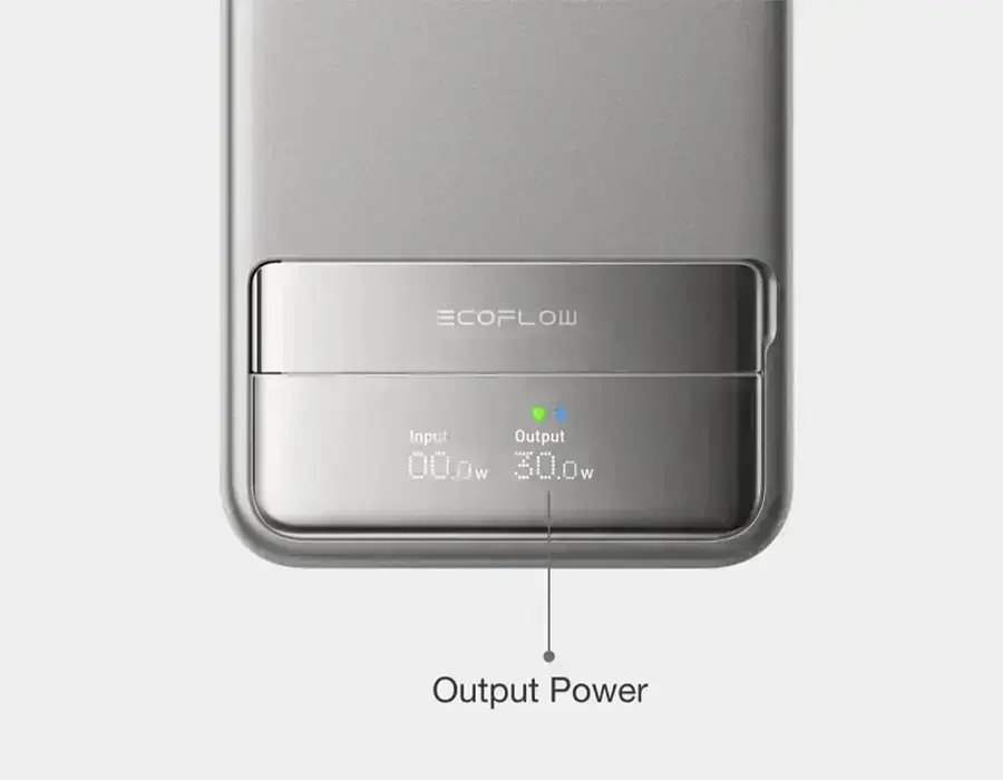 Динамический дисплей EcoFlow RAPID Power Bank, который показывает информацию о аккумуляторе