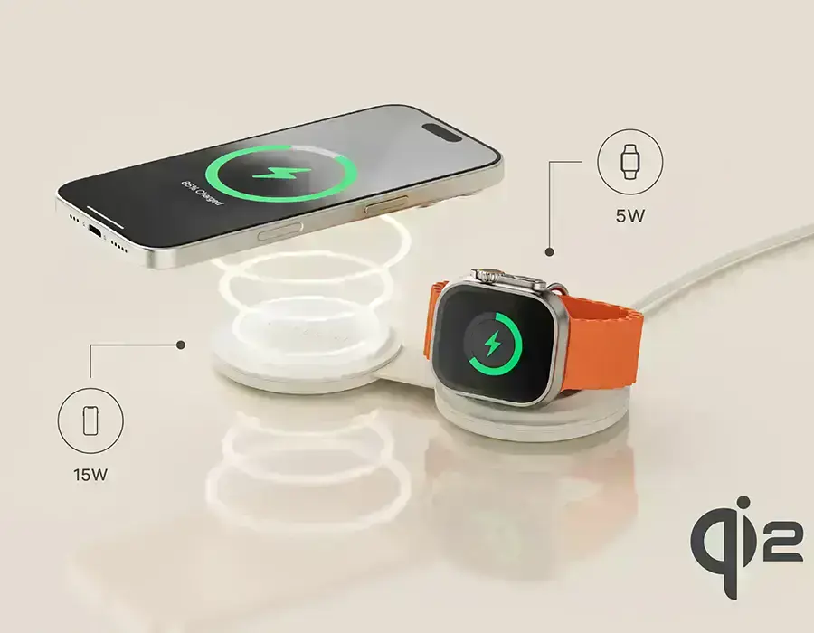Satechi OntheGo 2-in-1 — вигляд збоку з демонстрацією магнітів і технології Qi2