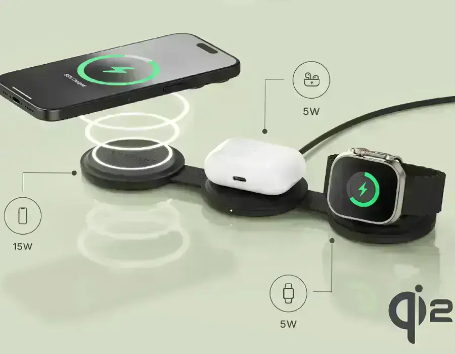 Satechi OntheGo 3-in-1 — вид збоку, демонстрація вбудованих магнітів і технології Qi2