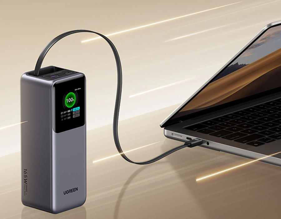 Внешний аккумулятор [павербанк] UGREEN PB726 Nexode Power Bank 20000mAh 165W with Smart Digital Display and Retractable USB-C Cable (55987)