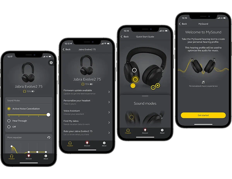 Jabra Evolve2 75 — вид гарнитуры с приложением Jabra Sound+ на экране смартфона