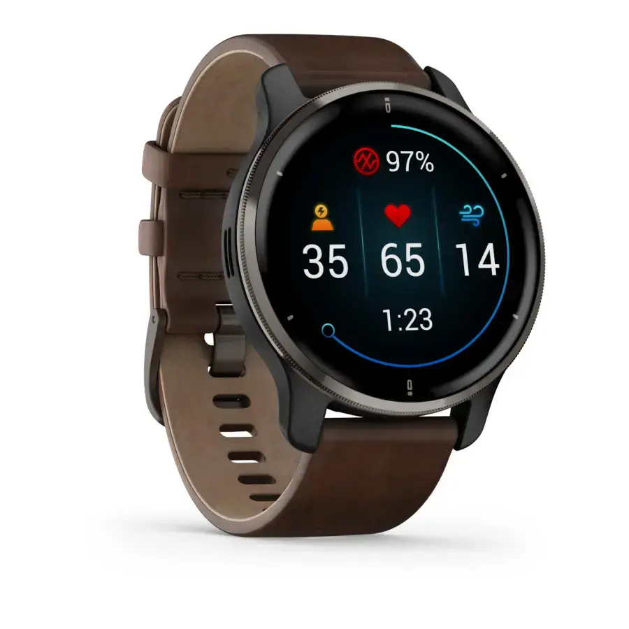 Смарт-годинник Garmin Venu 2 Plus Slate S. Steel Bezel W. Slate Case And B. Leather Band (010-02496-15)