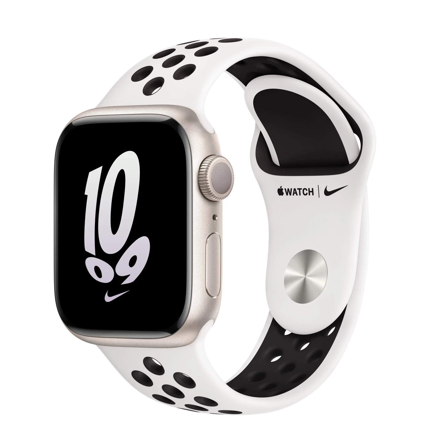 Apple Watch Nike Series 8 GPS 41mm Starlight Aluminum Case with Summit White/Black Nike Sport Band - Regular (MPGK3)