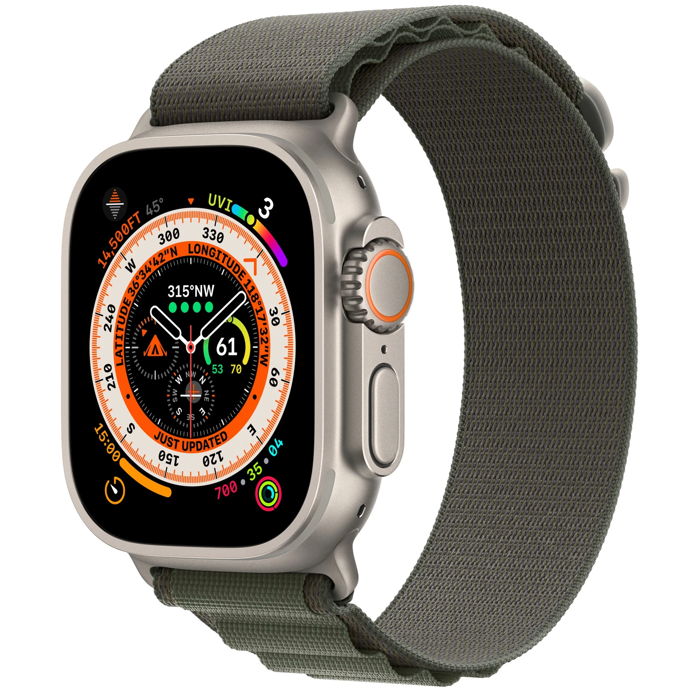 Apple Watch Ultra GPS + Cellular 49mm Titanium Case with Green Alpine Loop - Large (MQEX3, MQFP3)