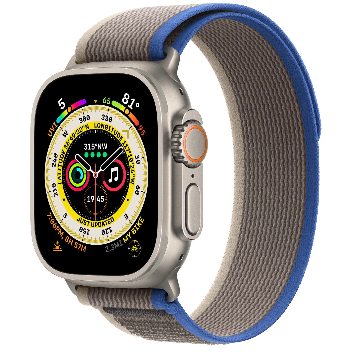 Apple Watch Ultra GPS + Cellular 49mm Titanium Case with Blue/Gray Trail Loop - S/M (MNHE3, MNHL3)