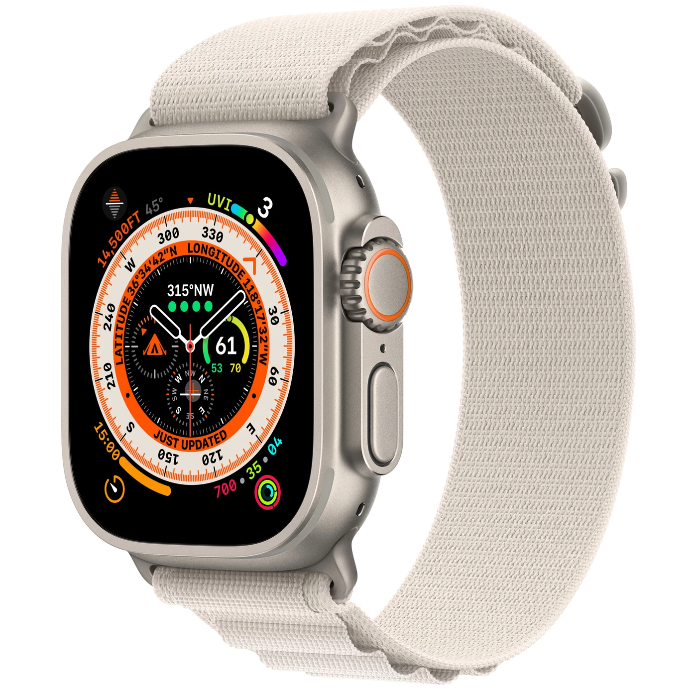 Apple Watch Ultra GPS + Cellular 49mm Titanium Case with Starlight Alpine Loop - Small (MQEY3, MQFQ3)