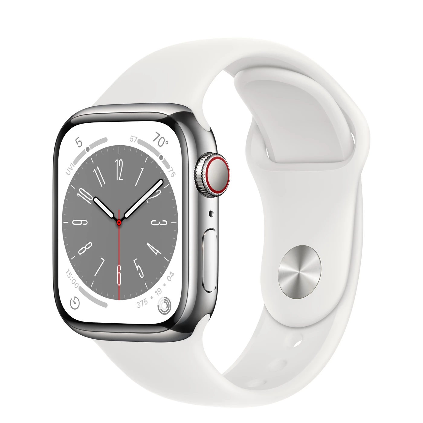 Apple Watch Series 8 GPS + Cellular 41mm Silver Stainless Steel Case with White Sport Band - Regular (MNJ53)
