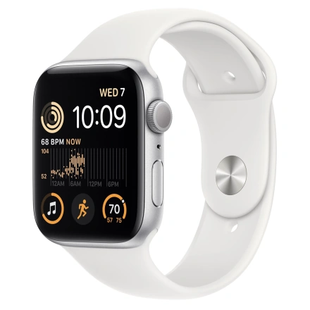 Apple Watch SE 2 2023 GPS 44mm Silver Aluminum Case with White Sport Band - M/L (MNTJ3)