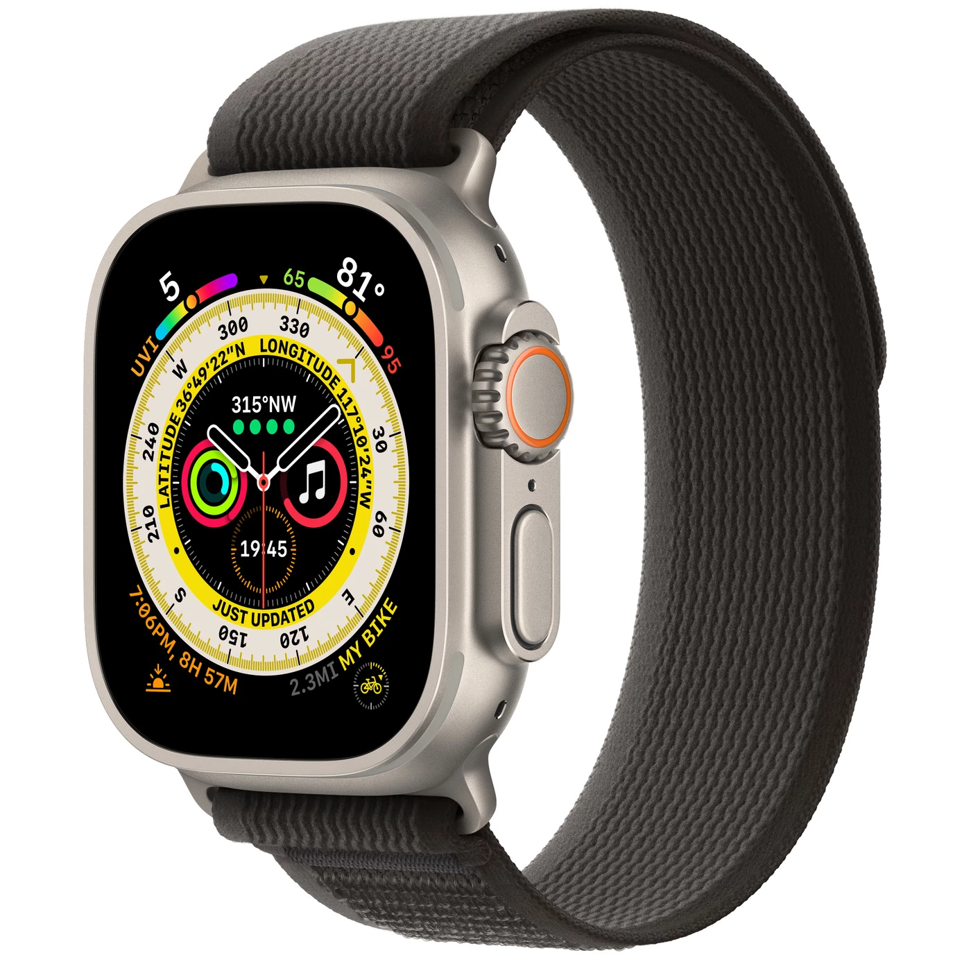 Apple Watch Ultra GPS + Cellular 49mm Titanium Case with Black/Gray Trail Loop - M/L (MQF53, MQFX3)