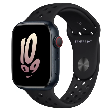 Apple Watch Nike Series 8 GPS + Cellular 45mm Midnight Aluminum Case with Black/Black Nike Sport Band - Regular (MPH43)