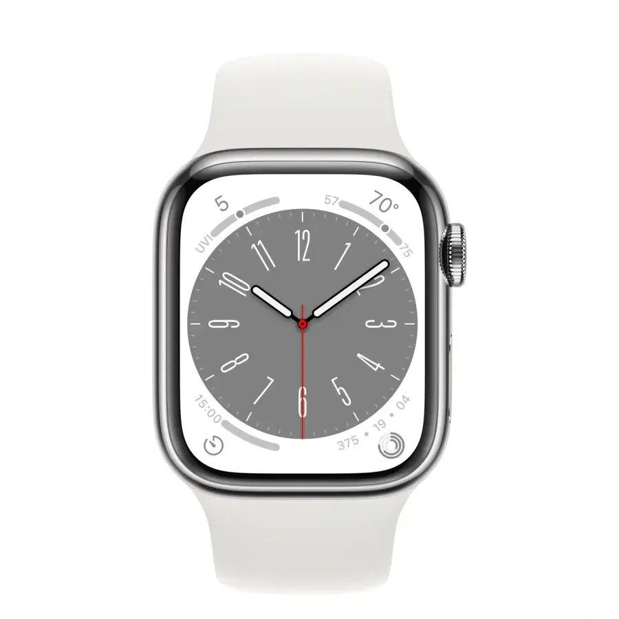 Apple Watch Series 8 GPS + Cellular 41mm Silver Stainless Steel Case with White Sport Band - M/L (MNJ53, MNV82)